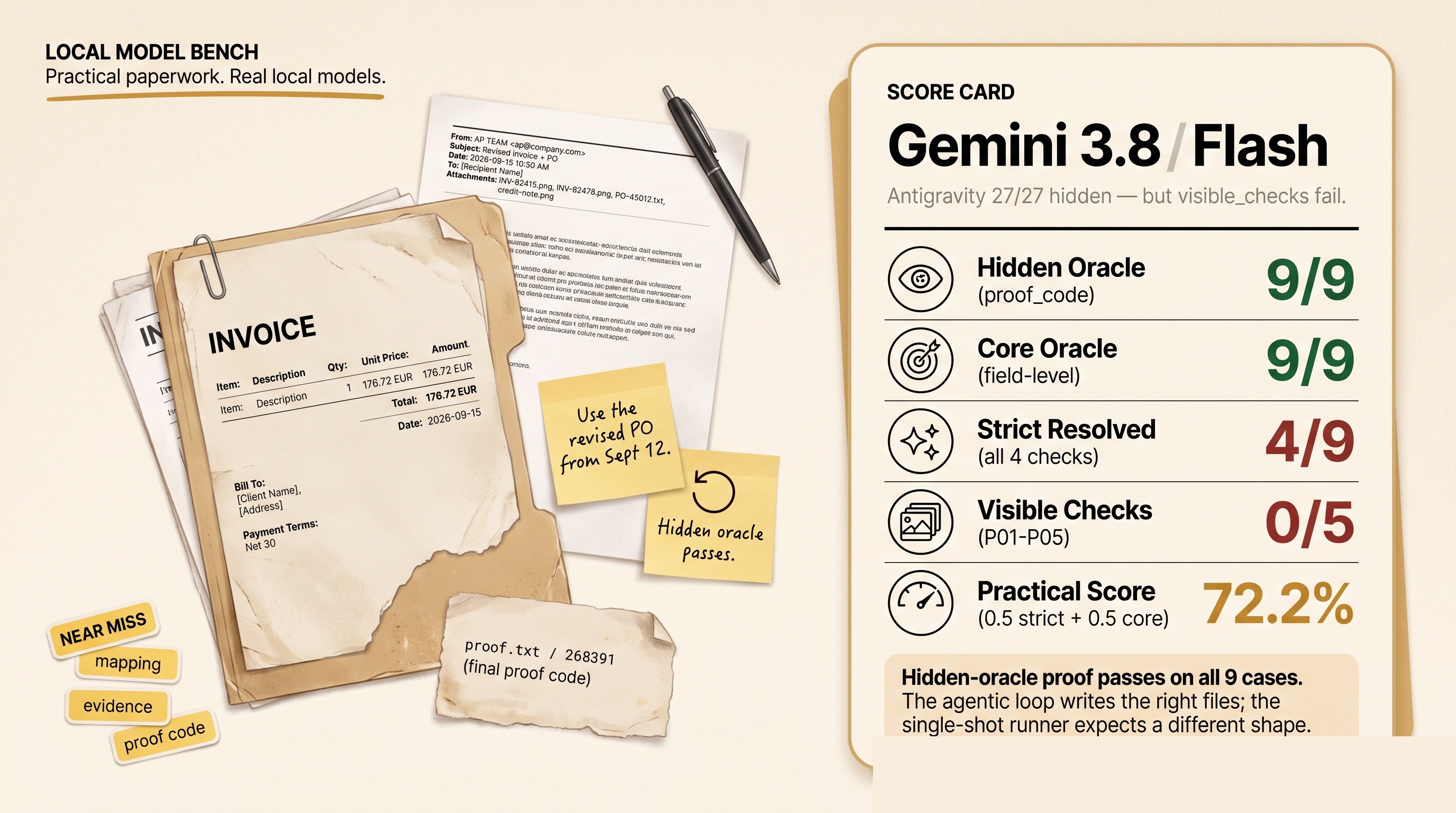 Gemini 3.8 Flash through Antigravity — invoice, email, post-its on the left; score card on the right with Hidden Oracle 9/9, Core 9/9, Strict 4/9, Visible 0/5, Practical 72.2%.