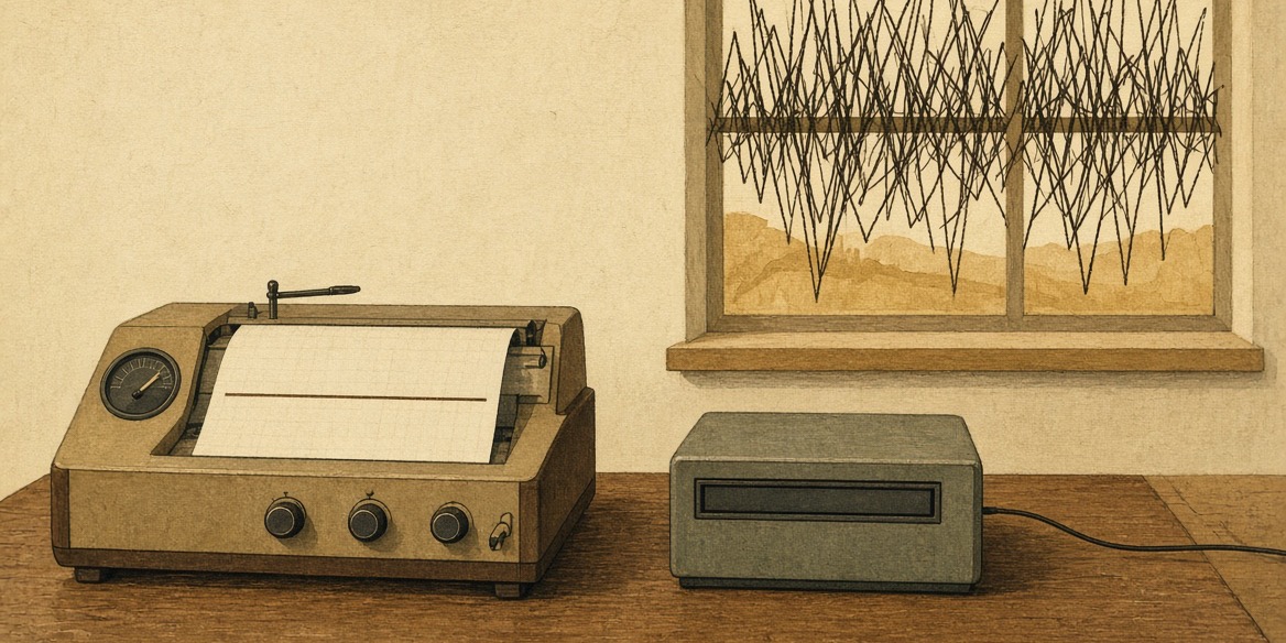 Flat editorial illustration: a vintage polygraph shows a perfectly flat line beside a silent mini computer; through the window a second chart runs wild
