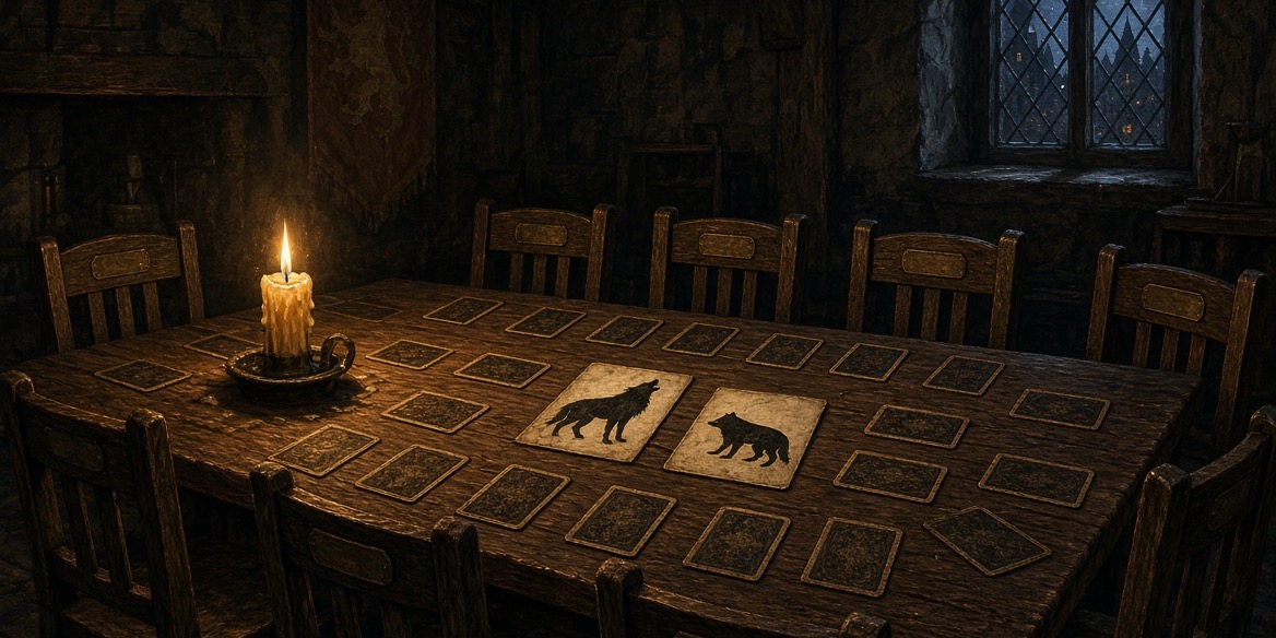 Eight empty chairs around a candle-lit tavern table strewn with face-down cards; two flipped cards reveal wolf silhouettes