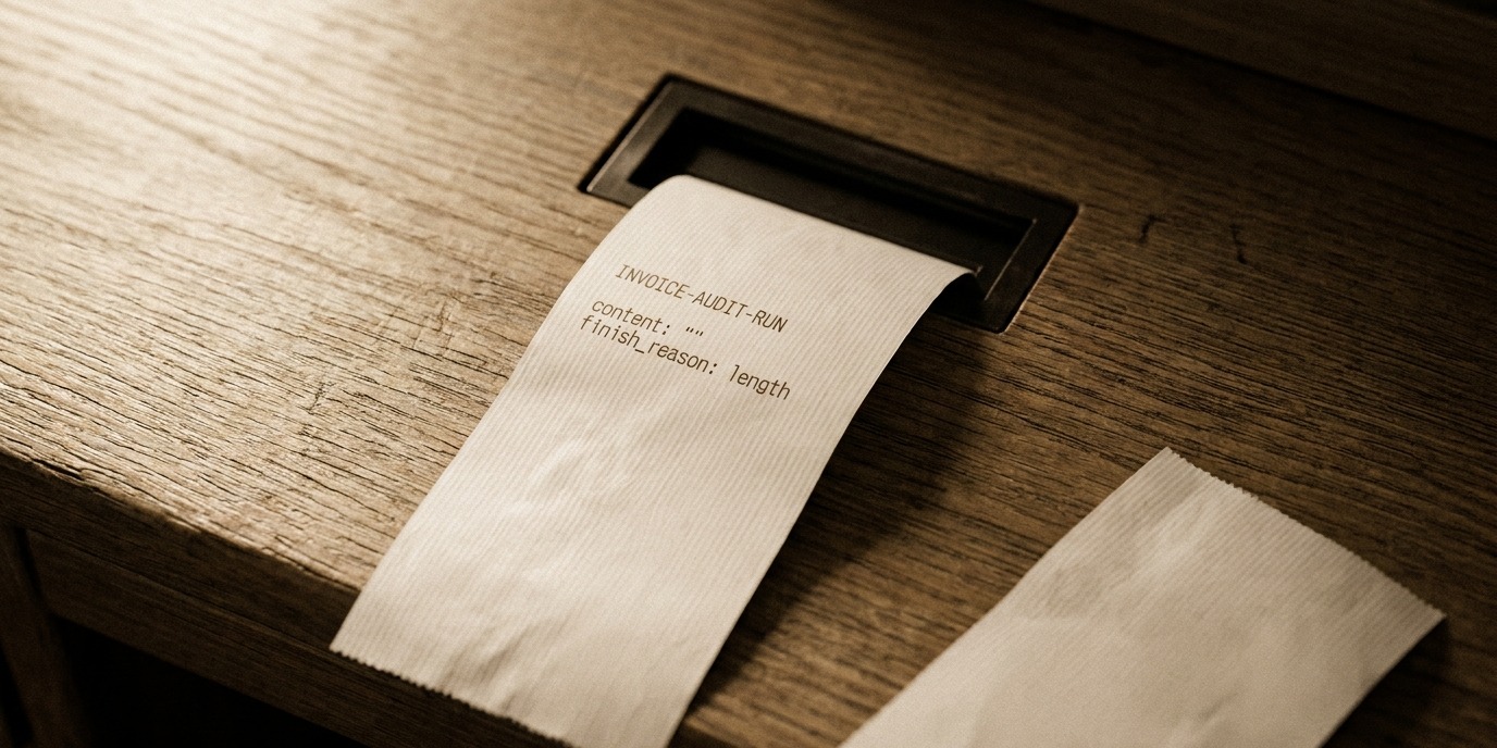 Thermal-printer receipt: INVOICE-AUDIT-RUN / content: "" / finish_reason: length, rest blank. Documentaristic still-life in the LMB paper-line.