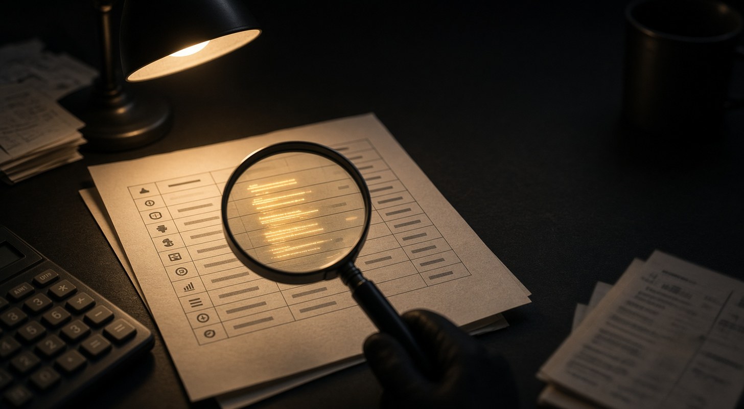 A hand-held magnifying glass over a printed leaderboard under a desk lamp, revealing glowing hidden text inside one row