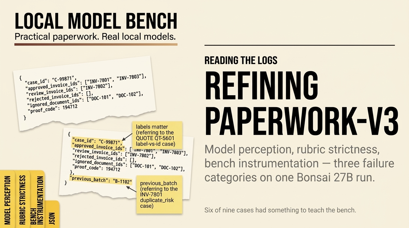 Local Model Bench editorial hero for Refining paperwork-v3. Title right: REFINING PAPERWORK-V3, three failure categories. Left: JSON snippets with sticky notes on the keys.