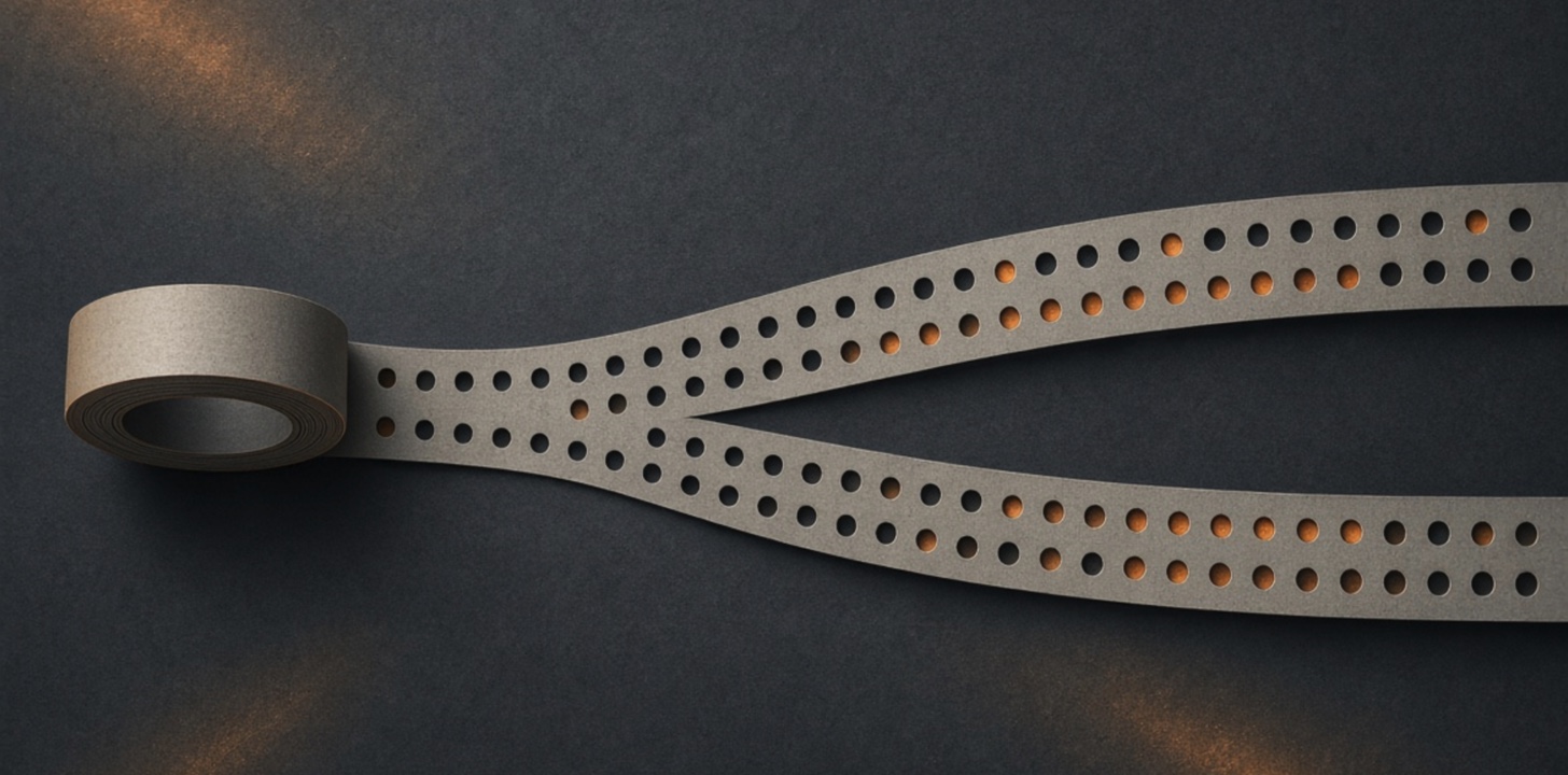 A roll of punched paper tape splitting into two nearly identical strips whose hole patterns diverge in a few positions